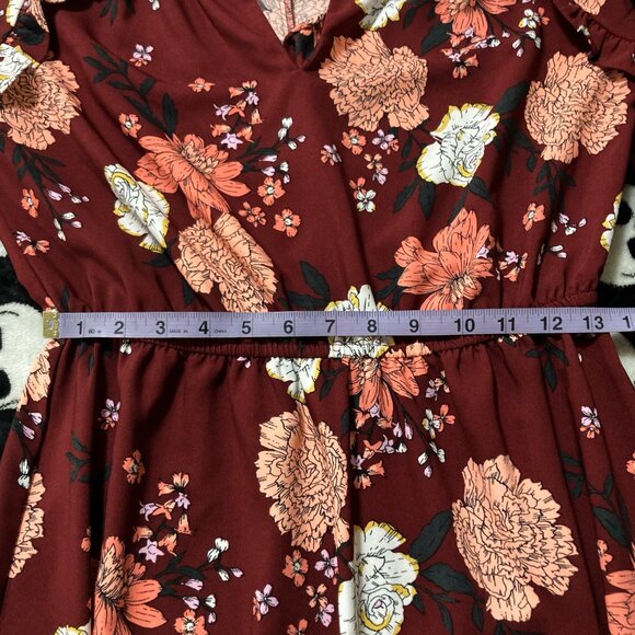 LOFT Burgundy peach black floral print long sleeve v-neck dress ~ SMALL MEDIUM - Picture 10 of 14